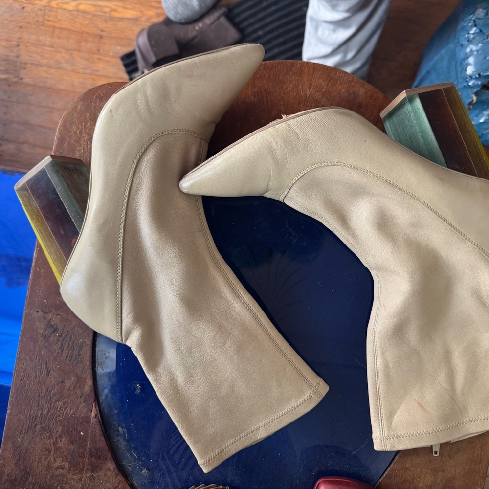 Cream Heeled Boots with Suede Finish